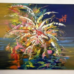 Palmiers stylisés aux tons chauds, peinture au couteau de Juan Conrado