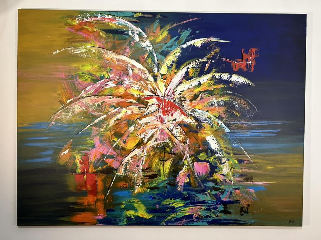 Palmiers stylisés aux tons chauds, peinture au couteau de Juan Conrado